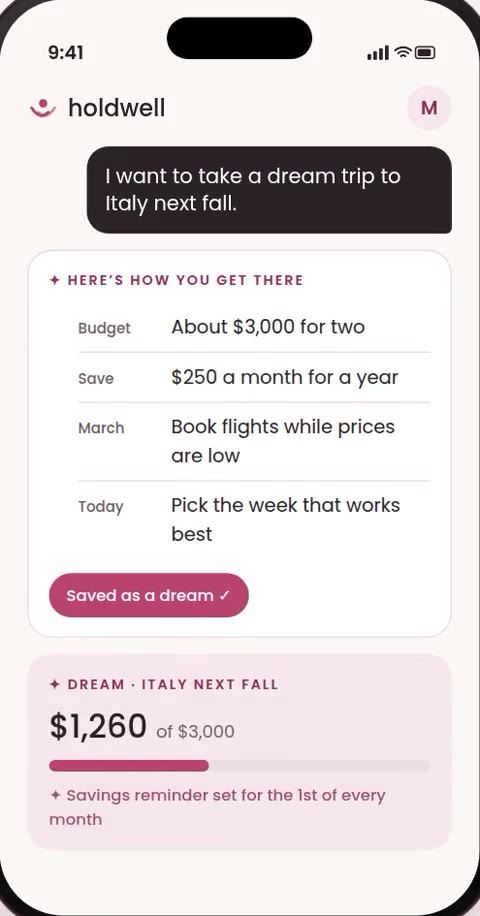 Holdwell app: Planning a dream trip